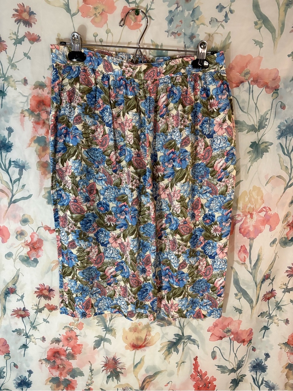 Vintage Floral Midi Skirt in Blue & Pink